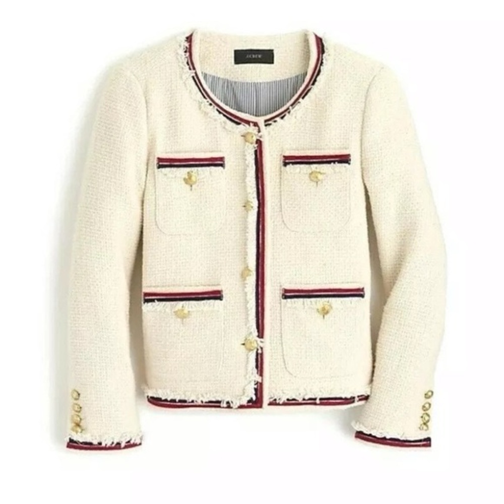 J. Crew Cream Tweed Jacket with Red and Navy Accents Size 10